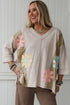 Mixed Daisy Applique Exposed Seam Oversized V Neck Top